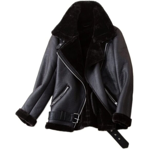 Jackets & Blazers - 🆕Women Black Faux Shearling Moto Jacket Thick Lined Winter Leather Coat Parka